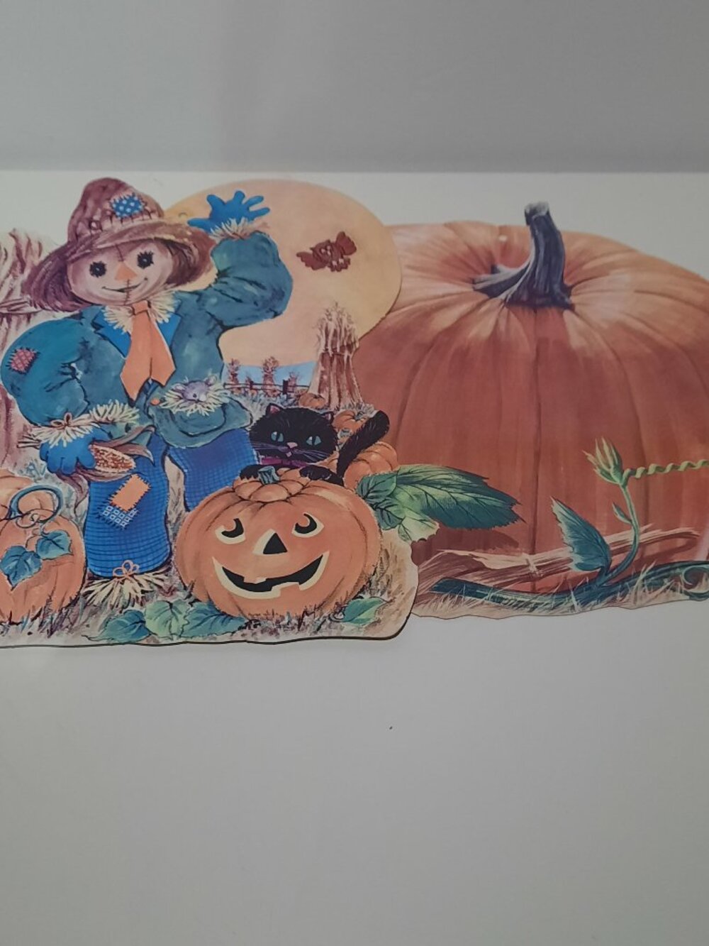 Vintage Halloween Fall Die Cut Lot of 2 Scarecrow Pumpkin Black Cat Decor